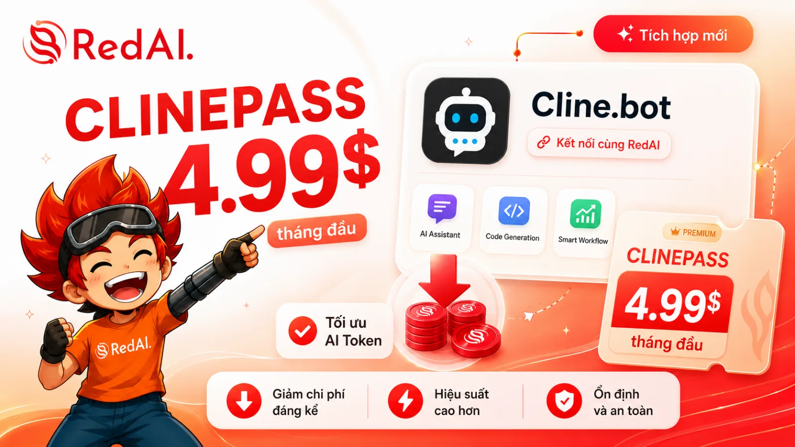 RedAI đã tích hợp Cline.bot: Tối ưu chi phí sử dụng AI Token với gói ClinePass chỉ từ 4.99$/tháng đầu tiên - Tính năng mới | RedAI Blog