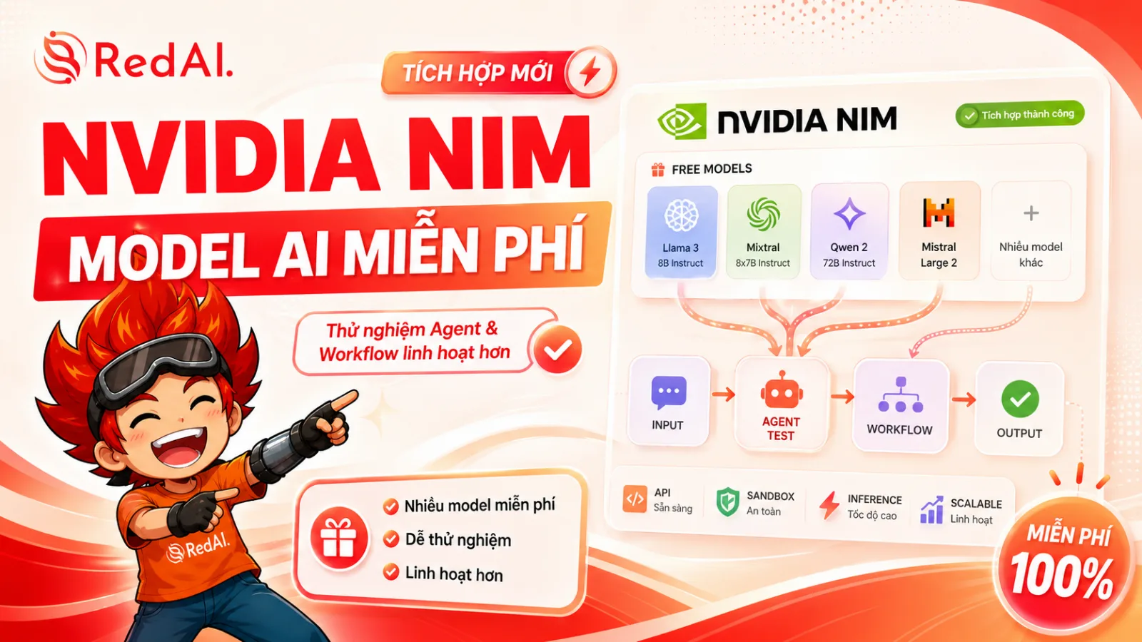 RedAI đã tích hợp NVIDIA NIM: Thêm nhiều model AI miễn phí để thử nghiệm Agent và Workflow linh hoạt hơn